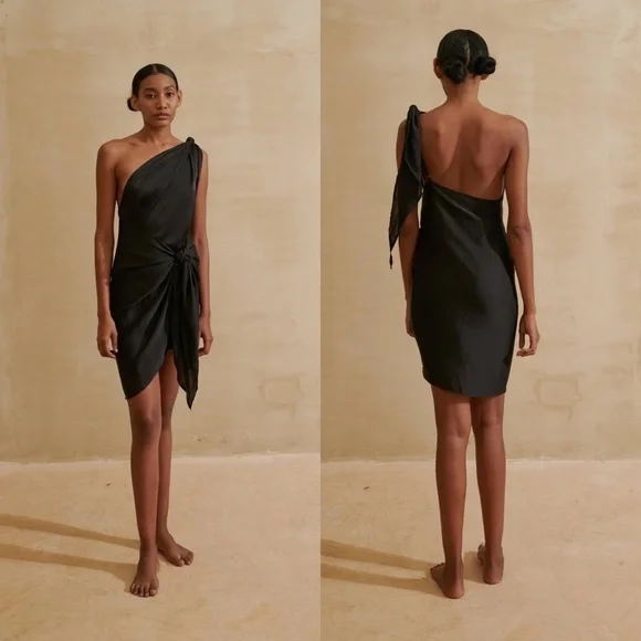 Baobab Dress Marea Mini Satin One-Shoulder Adjustable Tie Beach LBD Black  XS NWT - www.joarbit.com